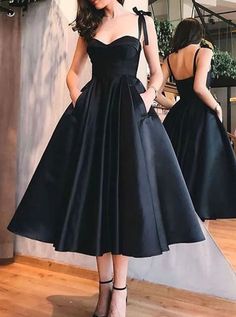 Simple Black Tea-Length Prom Dress, Satin Homecoming Dress – Ombreprom.co.uk 50s Prom Dresses, Chique Outfit, Black Homecoming Dress, Satin Homecoming Dress