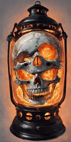 a light that has a skull on it with flames coming out of the inside of it