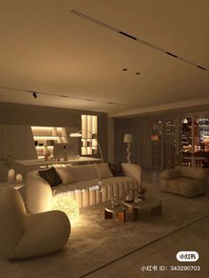 a living room filled with lots of furniture and lights on the ceiling over it's windows