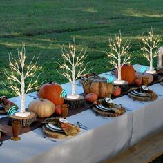 a table topped with lots of different types of trees next to plates and bowls filled with food