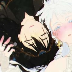 two anime characters with white hair and blue eyes