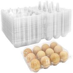 an egg carton filled with eggs and plastic containers full of the same sized eggs