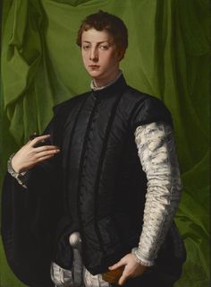 a painting of a young man in a black dress and white collared shirt with his hand on his hip