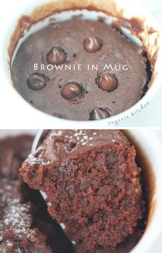 two pictures of chocolate cake in a white bowl and one is brownie muffin