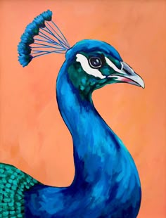 a painting of a blue peacock on an orange background