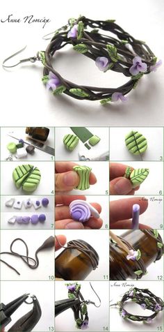 the instructions for making polymer jewelry with beads and leaves on them are shown in several different ways