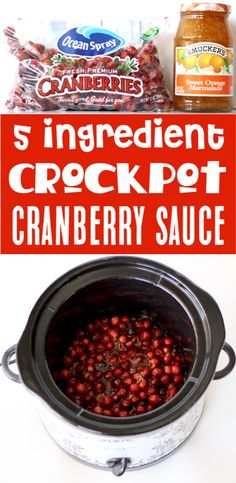 cranberry sauce and ingredients in a crock pot with text overlay that reads 5 ingredient crock pot cranberry sauce