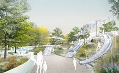 an artist's rendering of a children's play area with slides and trees