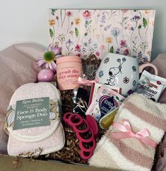 a gift box filled with personal care items for someone's special day or birthday