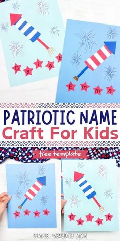 patriotic name craft for kids with fireworks and stars on the paper, in front of them