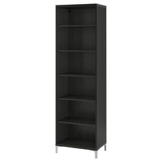 a black bookcase with four shelves on each side