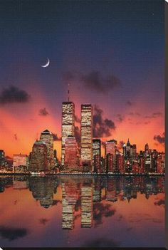 the city skyline is reflected in the water at sunset with a half moon rising over it