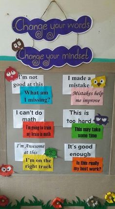 a bulletin board with words and pictures on it that read change your words, change your minds