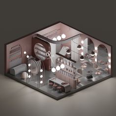 an overhead view of a salon with mirrors and lights on the walls, in pink tones