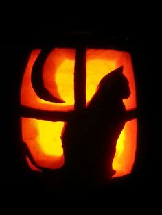 a carved pumpkin with a cat in the center