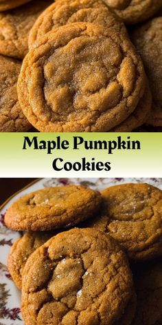 maple pumpkin cookies on a plate with the words maple pumpkin cookies in front of them