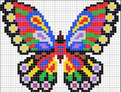 a cross stitch pattern with a colorful butterfly in the middle and black, red, yellow, green, blue, pink, orange