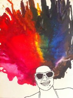 a drawing of a man with sunglasses on his head and rainbow paint splatters in the background