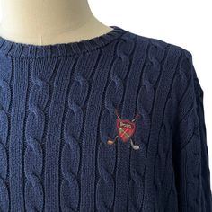 Embroidered Tartan Polo Golf Crest; Embroidered Appliqu Navy Blue Cable Knit Ribbed Collar And Hem Cuffed Sleeve 100% Cotton Measures Approximately: Chest 25” Length 26” Golf Crest, Navy Cable Knit Sweater, Polo Ralph Lauren Sweater, Cuffed Sleeve, Polo Golf, Sweaters Crewneck, Cable Knit Sweater, Ralph Lauren Polo, Cuff Sleeves