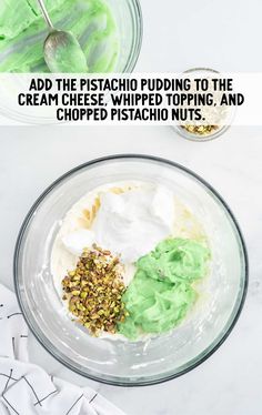 the ingredients to make pistachio pudding in a glass bowl with text overlay