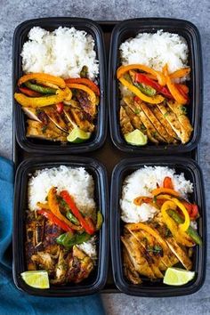 four trays filled with rice, chicken and veggies on top of each other