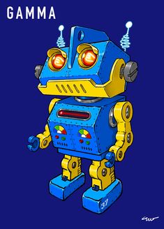 a blue and yellow robot with the words gama on it