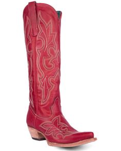 Leather upper. 17" shaft height. 2" heel height. Snip toe. Pull-on style. Western yokes. Single-stitched welt. Western Style Fitted Knee-high Boots With Leather Sole, Red Western Heeled Boots With Snip Toe, Western Red Snip Toe Boots, Western Red Boots With Snip Toe, Western Style Red Fitted Heeled Boots, Red Fitted Western Heeled Boots, Fitted Red Western Heeled Boots, Red Leather Heeled Boots For Rodeo, Red Heeled Boots For Rodeo