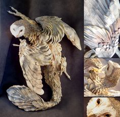 four different views of an owl statue made out of silver and gold leafy material