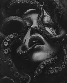 a black and white photo of a woman with an octopus on her face, surrounded by tentacles