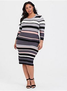 A sophisticated stripe pattern softens a sweater dress that's equal parts cozy and figure-flattering.    Crew neck  3/4 sleeves  Ribbed trim     CONTENT + CARE     Rayon/nylon  Wash cold; dry flat  Imported plus size dresses     SIZE + FIT     Model is 5'10", size 1  Size 2 measures 46" from shoulder Dress Work Outfit, Midi Sweater Dress, Wedding Dress With Pockets, Pattern Dress Women, Older Women Fashion, Dressy Dresses, Women's Evening Dresses, Curvy Dress, Sweater Dress Midi