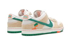 The Jarritos x Nike SB Dunk Low “Phantom” is a collaboration by the Mexican soda company on the iconic skate shoe.  One of several colorways of the SB Dunk Low co-designed by Jarritos and Nike SB, the “Phantom” features a white leather base with contrasting tan hem overlays that can be worn away to feature an underlying orange suede layer.  A Jarritos logo appears on the lateral side of the heel and a green hemp Swoosh is found on the mid-panel.  Dual Jarritos and Nike SB branding appears on the tongue.  The shoe comes with orange and green laces.  Release date: March 1, 2023 Jordan Panda, Luxury Shoes Heels, Mexican Soda, Best Nike Sneakers, Nike X Travis Scott, Tupac Pictures, Adidas Sl 72, Mexican Drinks, Low Air Jordan 1