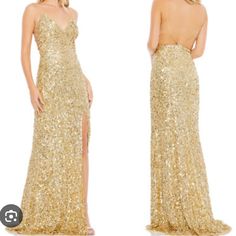 Reposhing This Dress. It Is Still In Great Condition But One Of The Straps In The Back Is Slightly Torn. Gold Gown, Column Skirt, Mac Duggal Dresses, Column Gown, On The Dance Floor, Spaghetti Strap Dress, Mac Duggal, Gold Sequin, Size 8 Dress