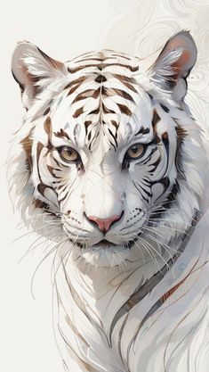 a painting of a white tiger's face with long, wavy hair on its head