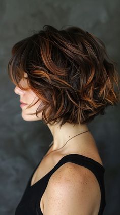 26 Hottest Copper Balayage Looks To Transform Your Hair Short Course Hair, Copper Highlights On Brown Hair Bob, Bob Copper Balayage, Copper Brown Bob Hair, Auburn Copper Hair Short, Short Hair Copper Balayage, Peekaboo Short Hair, Copper Balayage Short Hair, Copper Balayage Bob