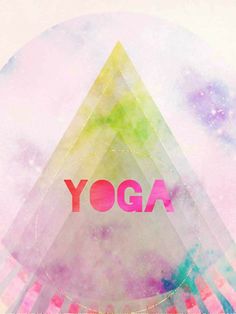 the word yoga is written in pink, green and blue colors on a watercolor background