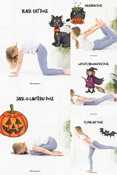 a woman is doing yoga poses in front of a wall with halloween decorations on it