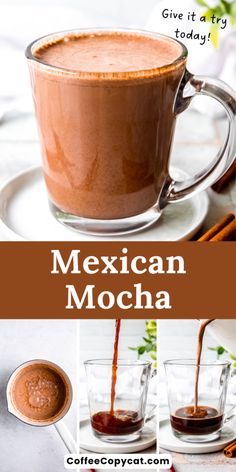 mexican mocha is being poured into a cup