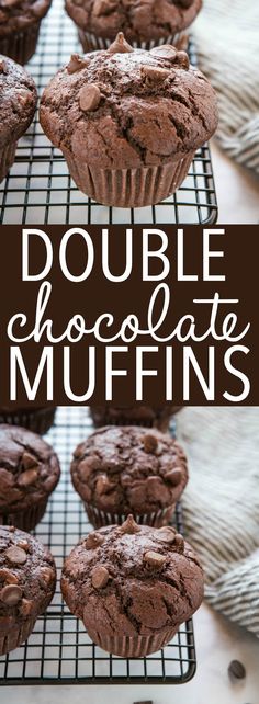 chocolate muffins on a cooling rack with the words double chocolate muffins