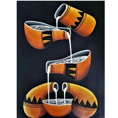 an image of three orange pots with spoons in them and one has two forks sticking out of it