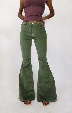 Funky fly denim Bellbottoms with ivory threading. Made of Cotton and spandex. Threading, Bell Bottoms, Olive Green, Spandex, Pants, Green, Trousers