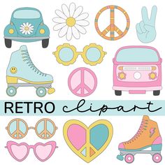 a set of retro clipart with roller skates, peace signs, and flowers