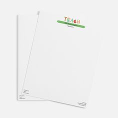 two sheets of white paper with the words teach on them and an apple in green