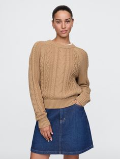 Soft cotton cable-knit sweater.  Crewneck.  Long sleeves.  Fit: Classic.  A straight & easy fit.  Hits at the hip.  Models wearing Gap Sweater Outfit Women, Cable Knit Sweater Outfit, Camel Sweater, Cotton Cable Knit Sweater, Knit Sweater Outfit, Camel Sweaters, Gap Women, Sweaters Crewneck, Cable Knit Sweater