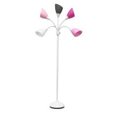 a white and pink floor lamp with four lights on it's sides, in front of a white background