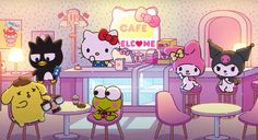 hello kitty cafe with cats and other cartoon characters