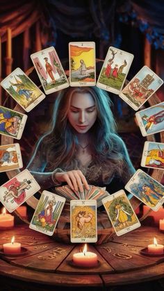 a woman surrounded by tarot cards with candles in front of her on a table