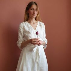 Bridal linen wrap dress with belt 3/4 long sleeves|Short boho wedding v neck robe dress|Simple beach wedding dress|Retro wrap around dress Simple Beach Wedding Dress, Simple Beach Wedding, Short Boho, Dress Retro