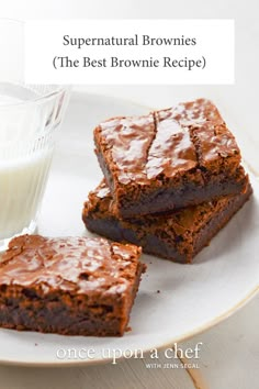 two brownies on a plate next to a glass of milk