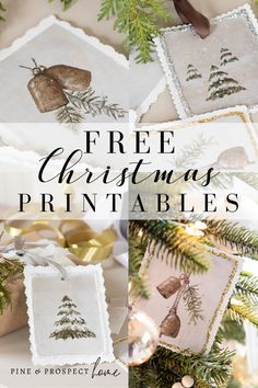 christmas tree printables with pine branches and ornaments on the top, in front of them