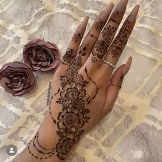 a woman's hand with henna tattoos on it and flowers in the background